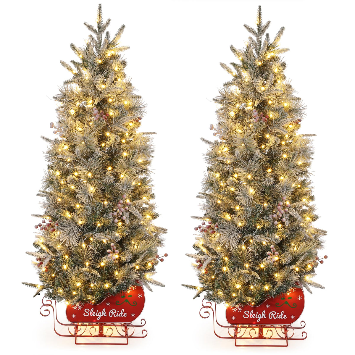 Garvee 4.5 ft Prelit Snow Flocked Christmas Tree with Sleigh Ride Base, Artificial Xmas Tree with 200 Lights, 12 Ball Ornaments, Small Christmas Tree for Home, Office