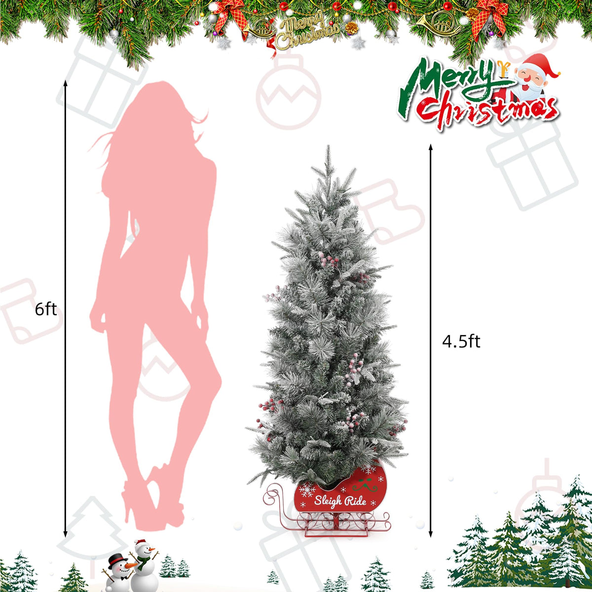 Garvee 4.5 ft Prelit Snow Flocked Christmas Tree with Sleigh Ride Base, Artificial Xmas Tree with 200 Lights, 12 Ball Ornaments, Small Christmas Tree for Home, Office