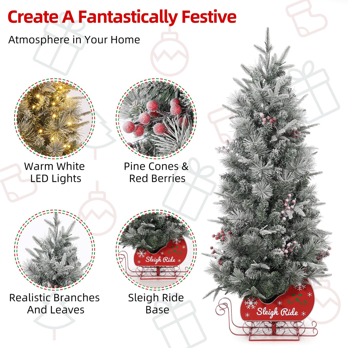 Garvee 4.5 ft Prelit Snow Flocked Christmas Tree with Sleigh Ride Base, Artificial Xmas Tree with 200 Lights, 12 Ball Ornaments, Small Christmas Tree for Home, Office