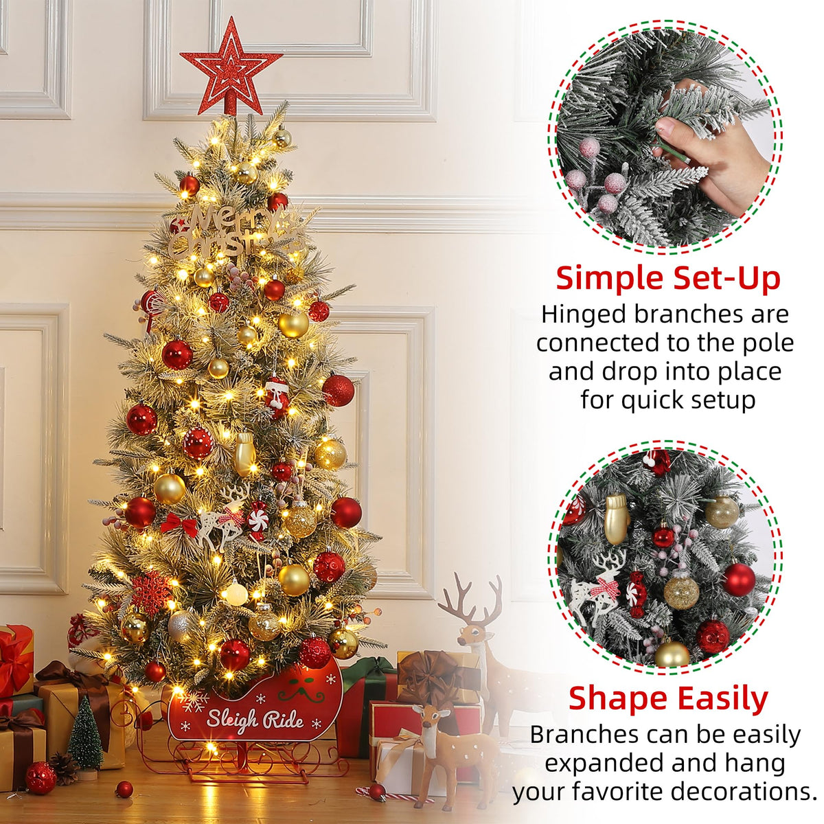 Garvee 4.5 ft Prelit Snow Flocked Christmas Tree with Sleigh Ride Base, Artificial Xmas Tree with 200 Lights, 12 Ball Ornaments, Small Christmas Tree for Home, Office