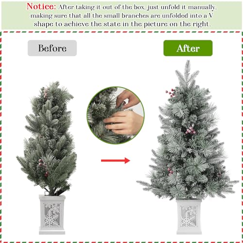 Garvee 4.5FT Artificial Pre-lit Christmas Tree with Sleigh Ride Base with 85pcs UL Listed 8 Mode Warm White Light Beads, Pine Cones, Red Berry, for Front Door, Porch, Entryway, Fireside Christmas Decoration