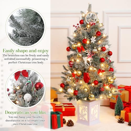 Garvee 4.5FT Artificial Pre-lit Christmas Tree with Sleigh Ride Base with 85pcs UL Listed 8 Mode Warm White Light Beads, Pine Cones, Red Berry, for Front Door, Porch, Entryway, Fireside Christmas Decoration