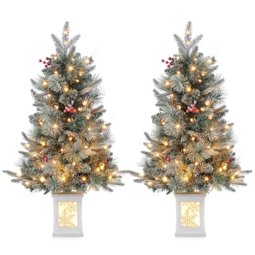 Garvee 4.5FT Artificial Pre-lit Christmas Tree with Sleigh Ride Base with 85pcs UL Listed 8 Mode Warm White Light Beads, Pine Cones, Red Berry, for Front Door, Porch, Entryway, Fireside Christmas Decoration