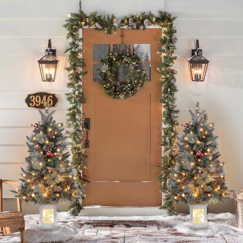 Garvee 4.5FT Artificial Pre-lit Christmas Tree with Sleigh Ride Base with 85pcs UL Listed 8 Mode Warm White Light Beads, Pine Cones, Red Berry, for Front Door, Porch, Entryway, Fireside Christmas Decoration