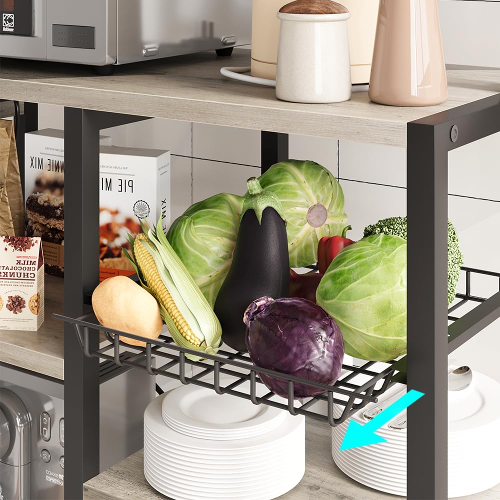 Garvee Bakers Rack with Power Outlet, Coffee Bar with Wire Drawer, Microwave Stand, Kitchen Buffet Table with Large Storage, 6-Tier Kitchen Storage Rack with Hutch for Dining, Living Room, Grey