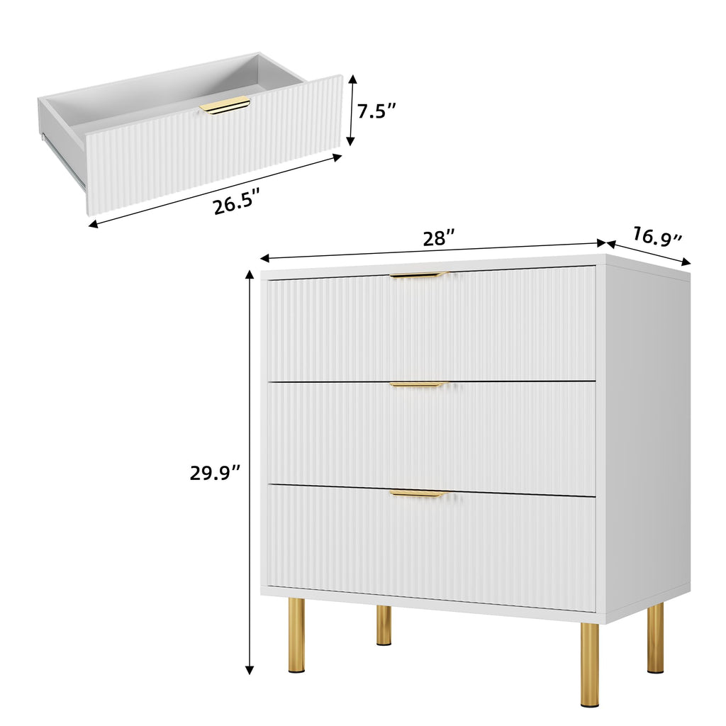 Garvee White 3 Drawer Dresser for Bedroom, Wood Dresser with Metal Legs, 30” Tall Dresser Organizer, Modern Chest of Drawers, Large Dresser for Closet, Living Room, Hallway