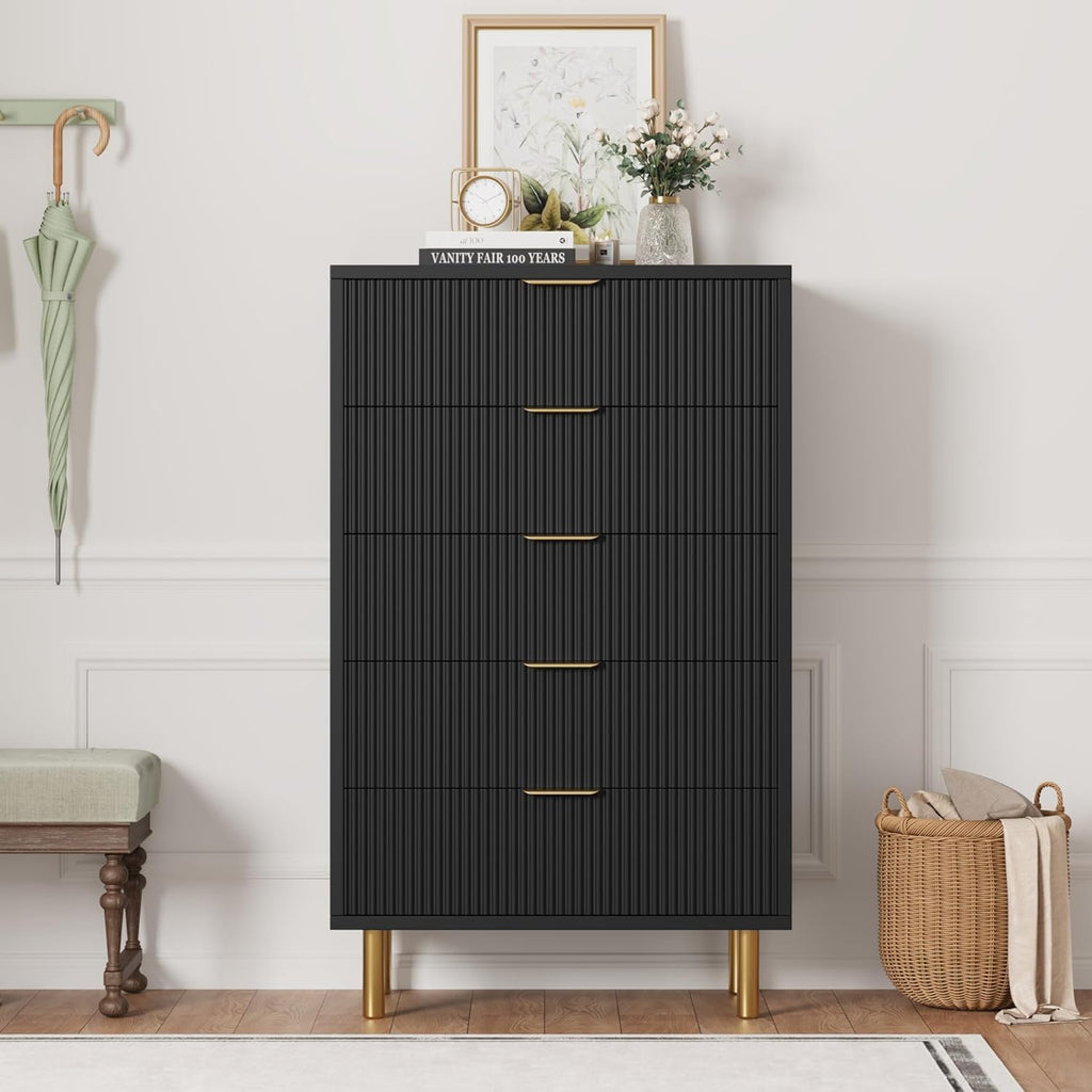 Garvee Black Dresser, Modern 5 Drawer Dresser for Bedroom with Gold Handle and Large Drawer, Wood Double Chest of Drawers and Storage Organizer for Living Room, Hallway, Entryway