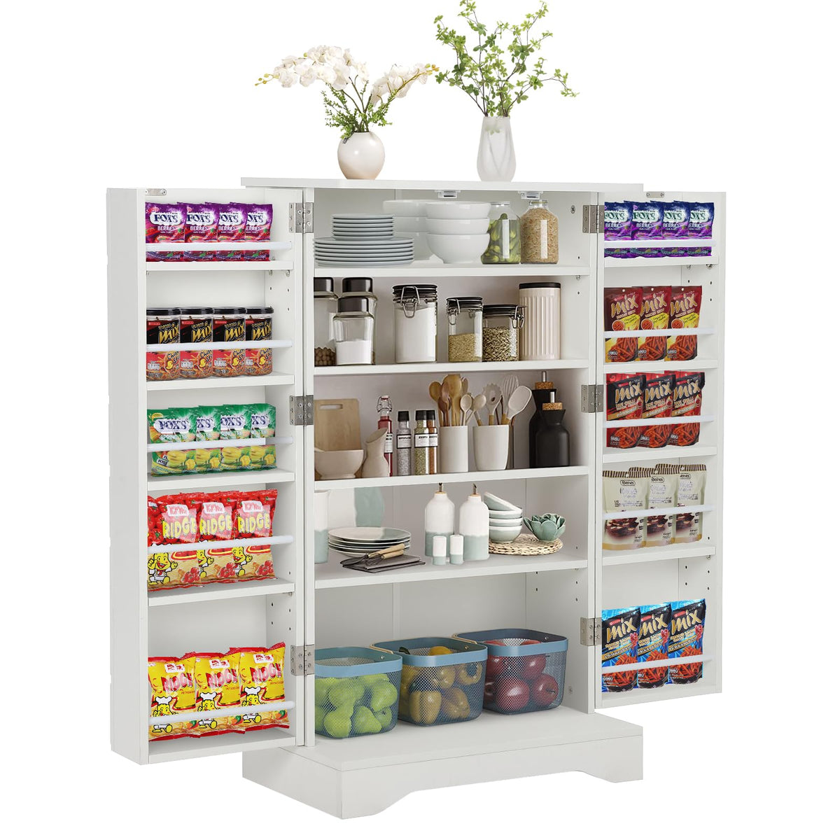 Garvee 42 Kitchen Pantry Cabinet with Doors, Adjustable Shelves, Wooden Storage, Compact White Buffet for Small Space