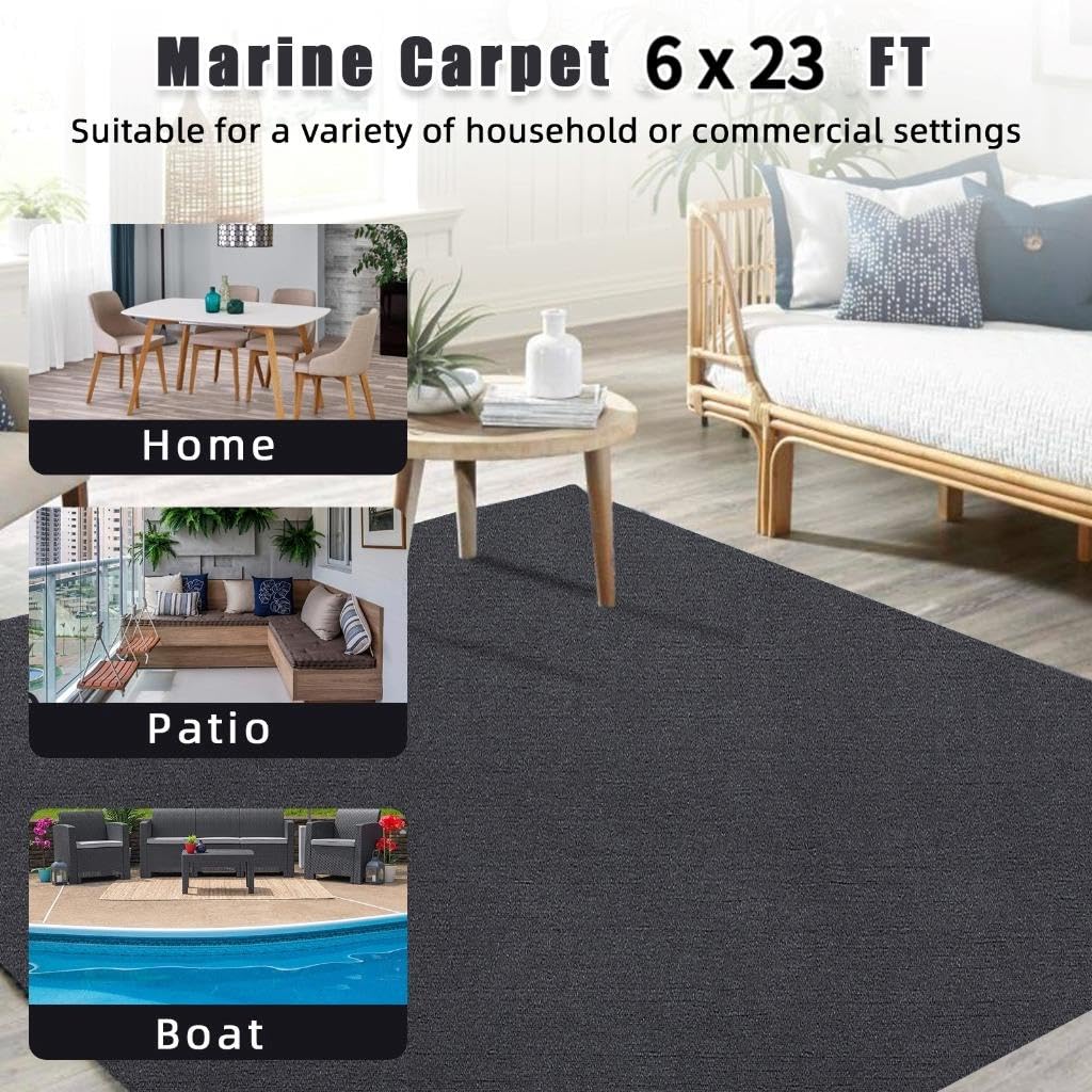 Garvee Black Marine Carpet, 6FT x 23FT Boat Carpet Rug, Waterproof Indoor/Outdoor Rug with TPR Non-Slip Backing for Patio Deck, Camping, and Outdoor Use