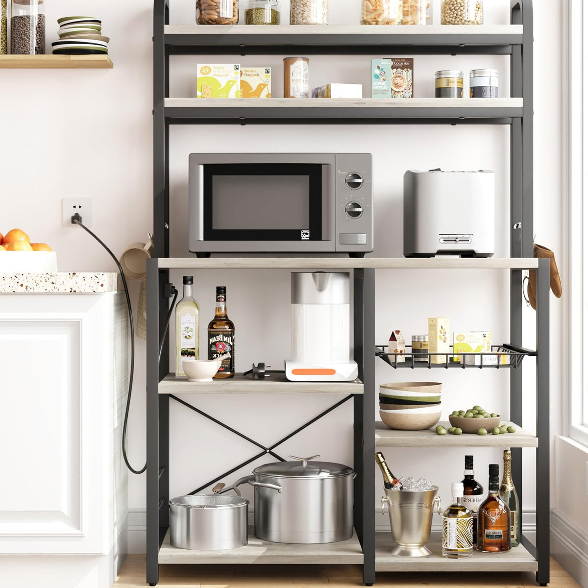 Garvee Bakers Rack with Power Outlet, Coffee Bar with Wire Drawer, Microwave Stand, Kitchen Buffet Table with Large Storage, 6-Tier Kitchen Storage Rack with Hutch for Dining, Living Room, Grey