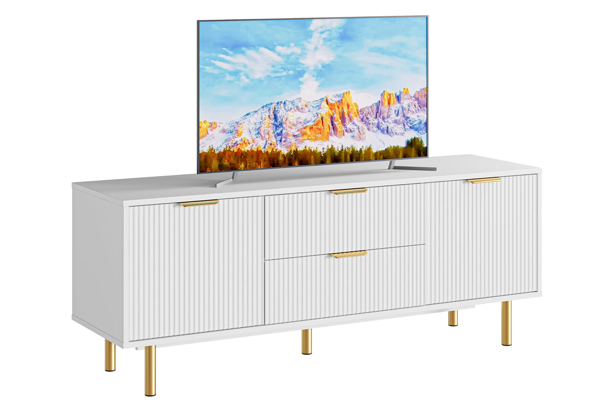 Garvee White TV Stand for 65+ Inch TV, Modern Living Room Entertainment Center with Storage Cabinets, Waveform Panel Wood TV Cabinets with 2 Doors and Drawers, White TV Console for Bedroom