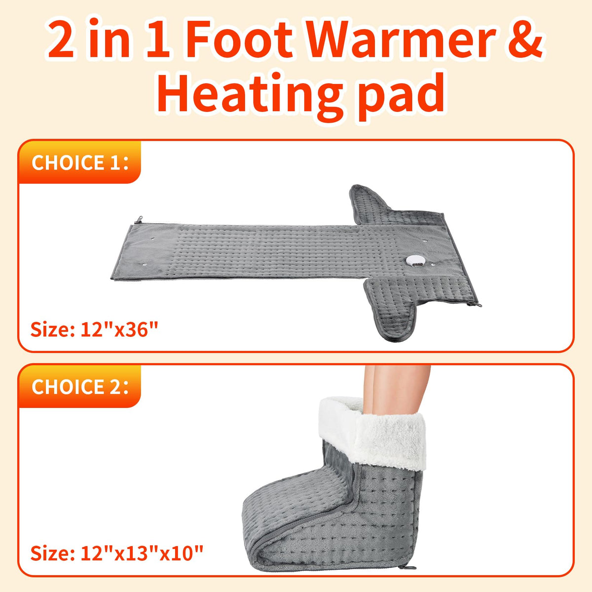 Garvee Electric Heated Foot Warmer Under Desk, Fast Heating Pad for Feet, Detachable Zipper Design for Full Body Pain Relief, Soft Flannel, Auto Off & 4 Temperature Settings (Gray, 13×12×10)
