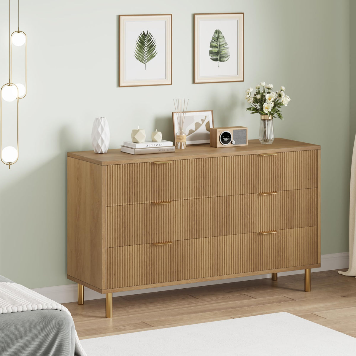 Garvee Natural Dresser, Modern 6 Drawer Dresser for Bedroom with Gold Handle and Large Drawer, Wood Double Chest of Drawers and Storage Organizer for Living Room, Hallway, Entryway