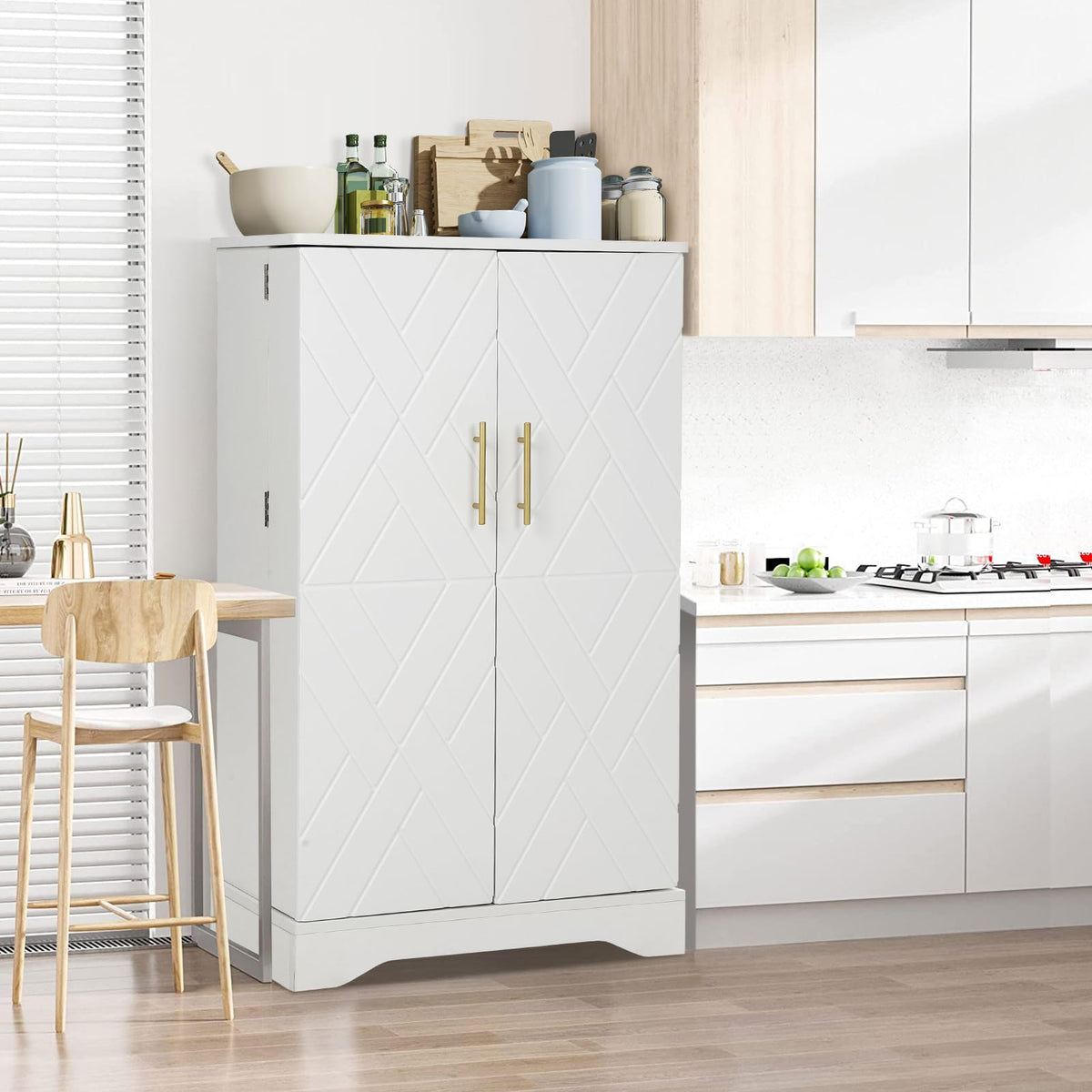 Garvee 42 Kitchen Pantry Cabinet with Doors, Adjustable Shelves, Wooden Storage, Compact White Buffet for Small Space