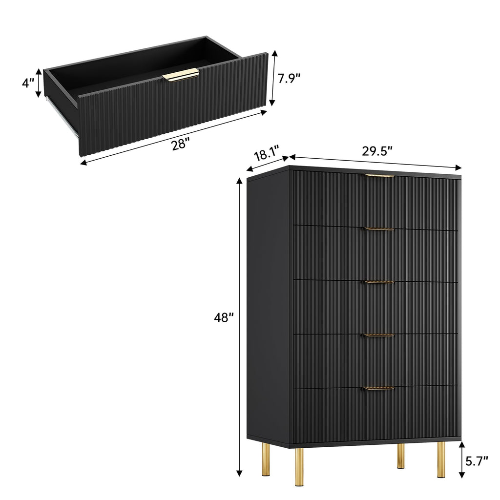 Garvee Black Dresser, Modern 5 Drawer Dresser for Bedroom with Gold Handle and Large Drawer, Wood Double Chest of Drawers and Storage Organizer for Living Room, Hallway, Entryway