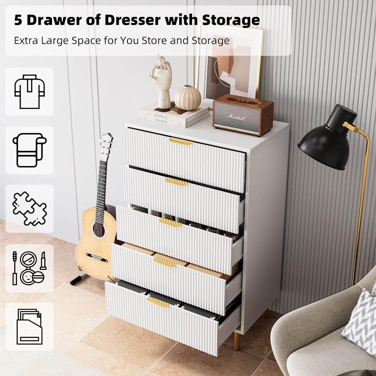 Garvee Black 5 Drawer Dresser Modern Organizer Wood Metal Legs