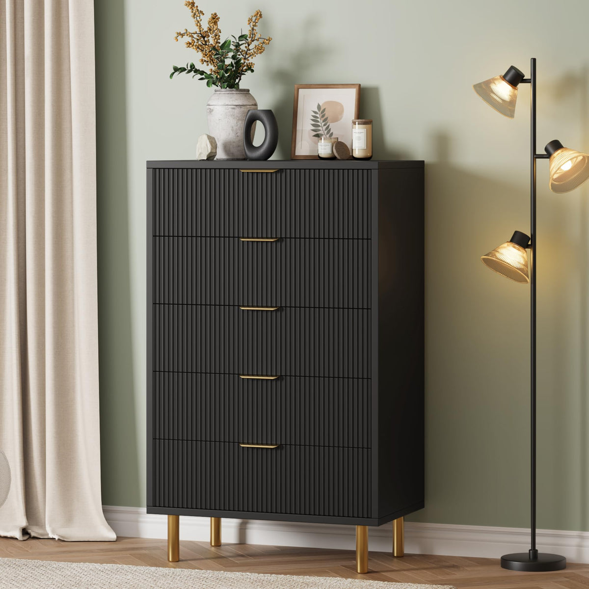 Garvee Black Dresser, Modern 5 Drawer Dresser for Bedroom with Gold Handle and Large Drawer, Wood Double Chest of Drawers and Storage Organizer for Living Room, Hallway, Entryway