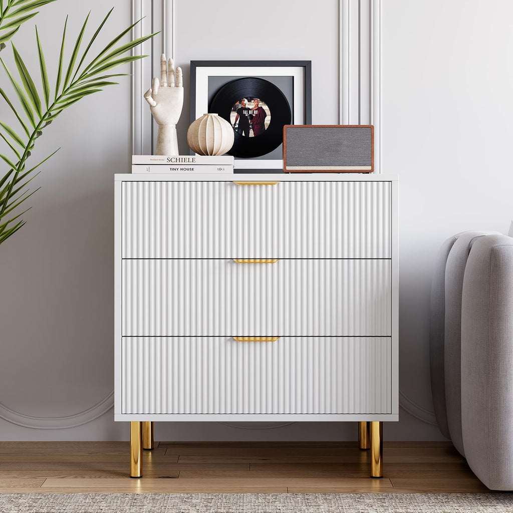 Garvee White 3 Drawer Dresser for Bedroom, Wood Dresser with Metal Legs, 30” Tall Dresser Organizer, Modern Chest of Drawers, Large Dresser for Closet, Living Room, Hallway