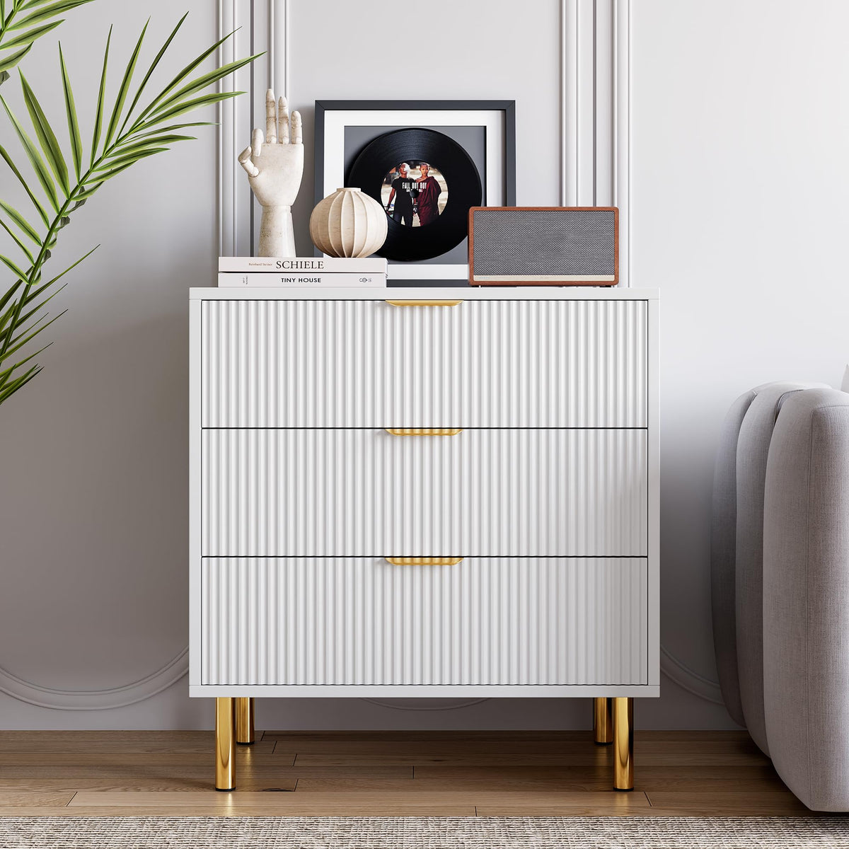 Garvee White 3 Drawer Dresser for Bedroom, Wood Dresser with Metal Legs, 30” Tall Dresser Organizer, Modern Chest of Drawers, Large Dresser for Closet, Living Room, Hallway