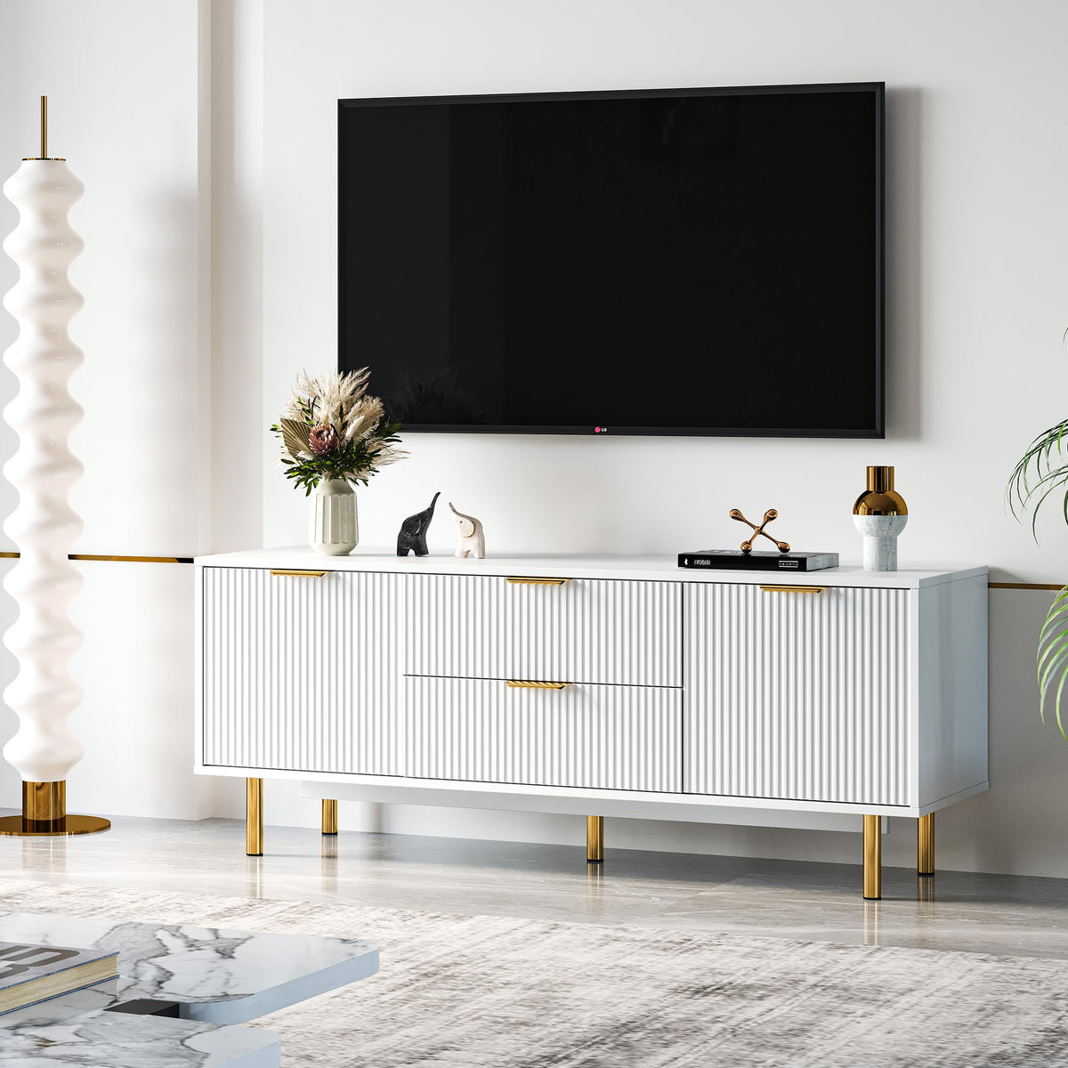 Garvee White TV Stand for 65+ Inch TV, Modern Living Room Entertainment Center with Storage Cabinets, Waveform Panel Wood TV Cabinets with 2 Doors and Drawers, White TV Console for Bedroom