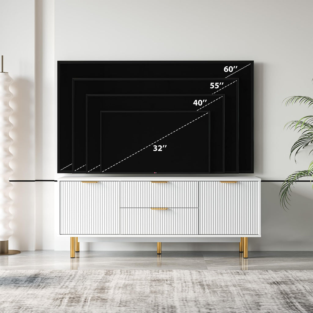 Garvee White TV Stand for 65+ Inch TV, Modern Living Room Entertainment Center with Storage Cabinets, Waveform Panel Wood TV Cabinets with 2 Doors and Drawers, White TV Console for Bedroom