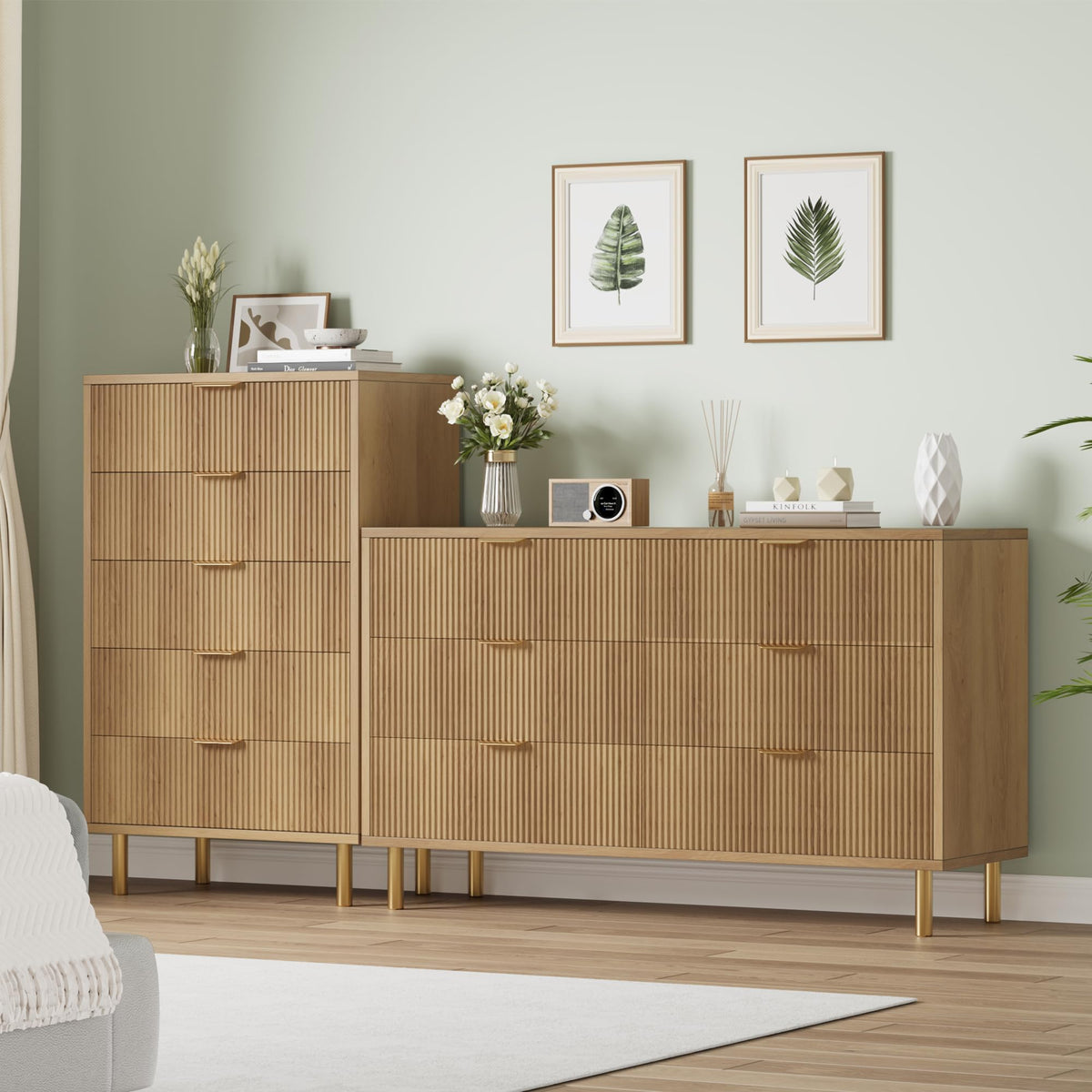 Garvee Natural Dresser, Modern 6 Drawer Dresser for Bedroom with Gold Handle and Large Drawer, Wood Double Chest of Drawers and Storage Organizer for Living Room, Hallway, Entryway