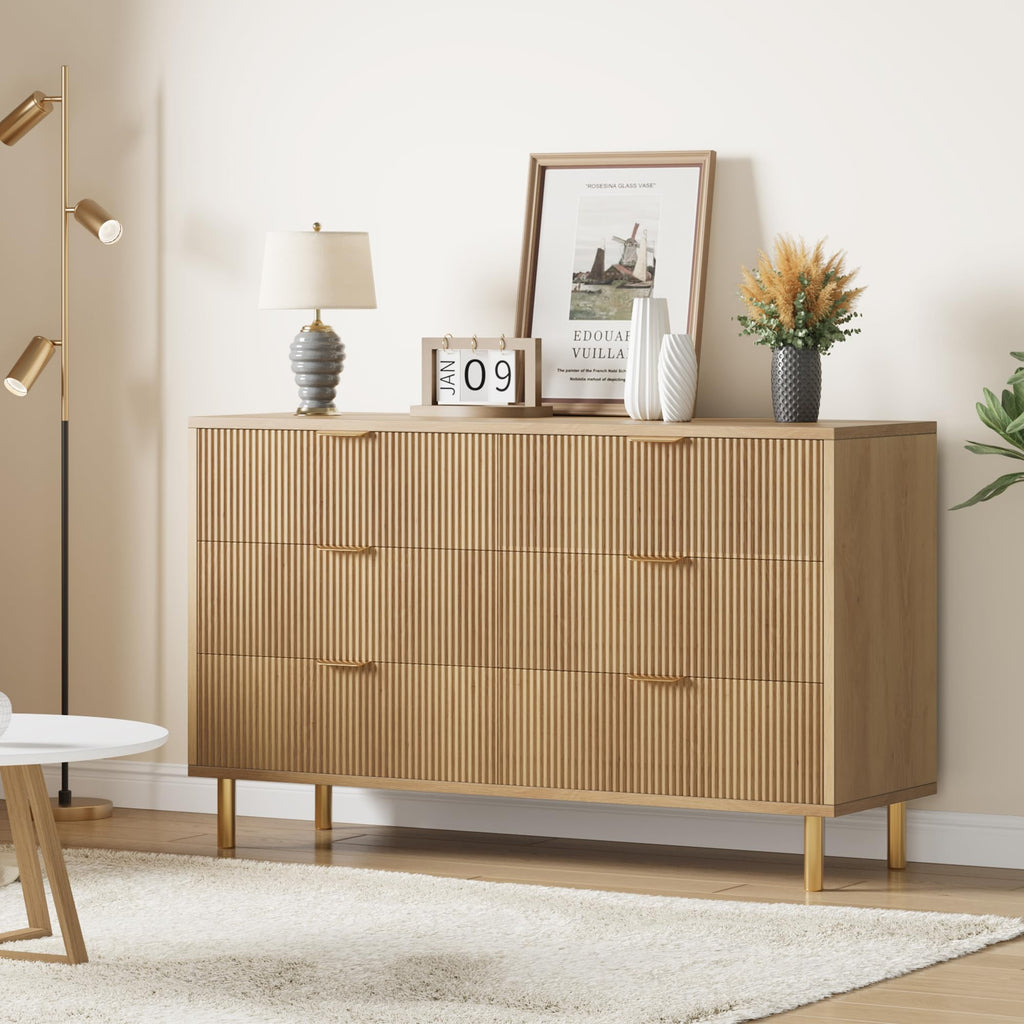Garvee Natural Dresser, Modern 6 Drawer Dresser for Bedroom with Gold Handle and Large Drawer, Wood Double Chest of Drawers and Storage Organizer for Living Room, Hallway, Entryway