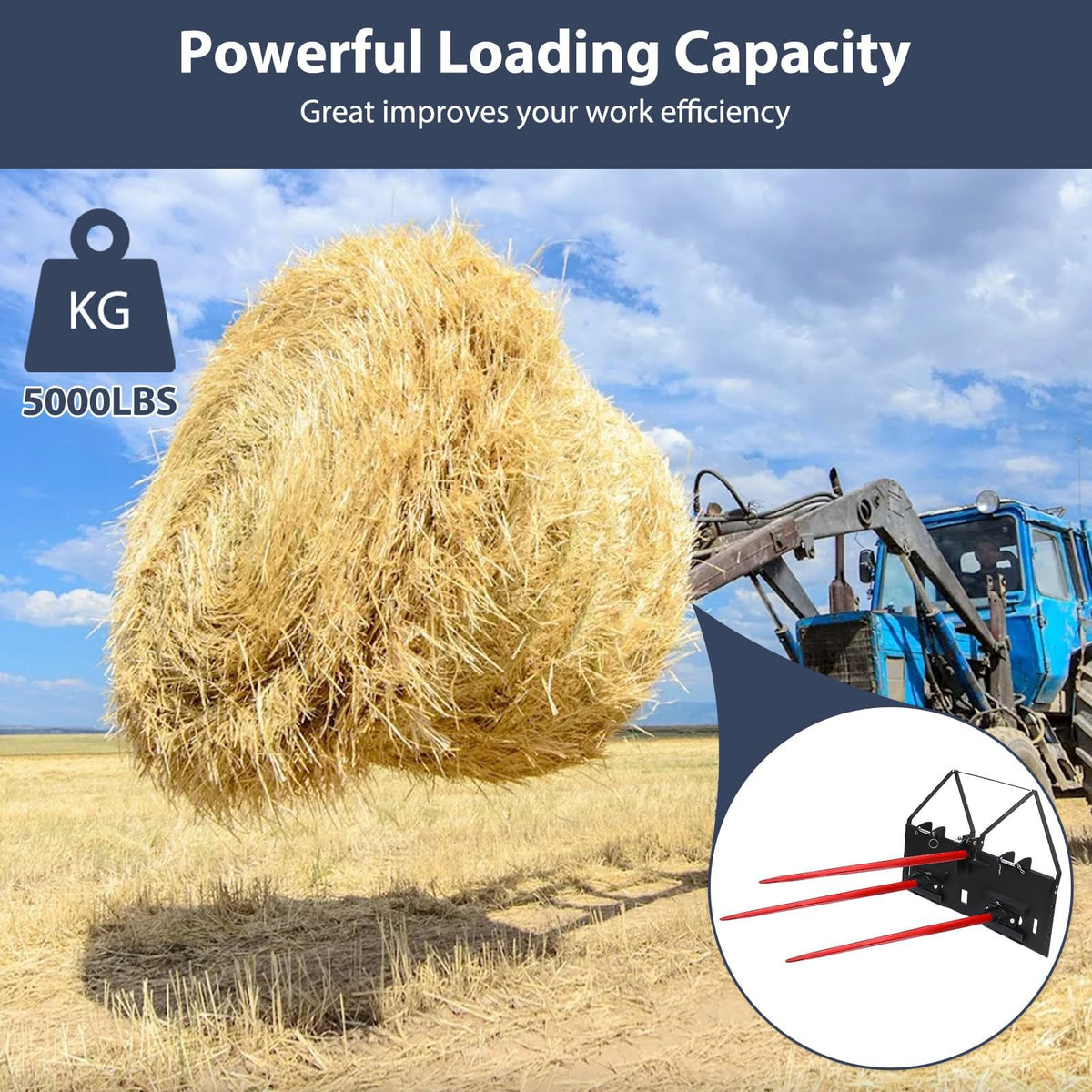 Garvee Hay Spear 49 3Pcs Bale Spear with Short Slide, Quick Attach Square Hay Bale Spears 3600 lbs Capacity, Bale Hay Spike for Kubota Bobcat Buckets Tractors Loaders (Not Include Skid Steer Mount Plate)
