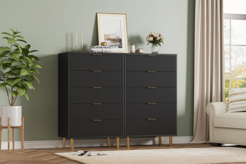 Garvee Black Dresser, Modern 5 Drawer Dresser for Bedroom with Gold Handle and Large Drawer, Wood Double Chest of Drawers and Storage Organizer for Living Room, Hallway, Entryway