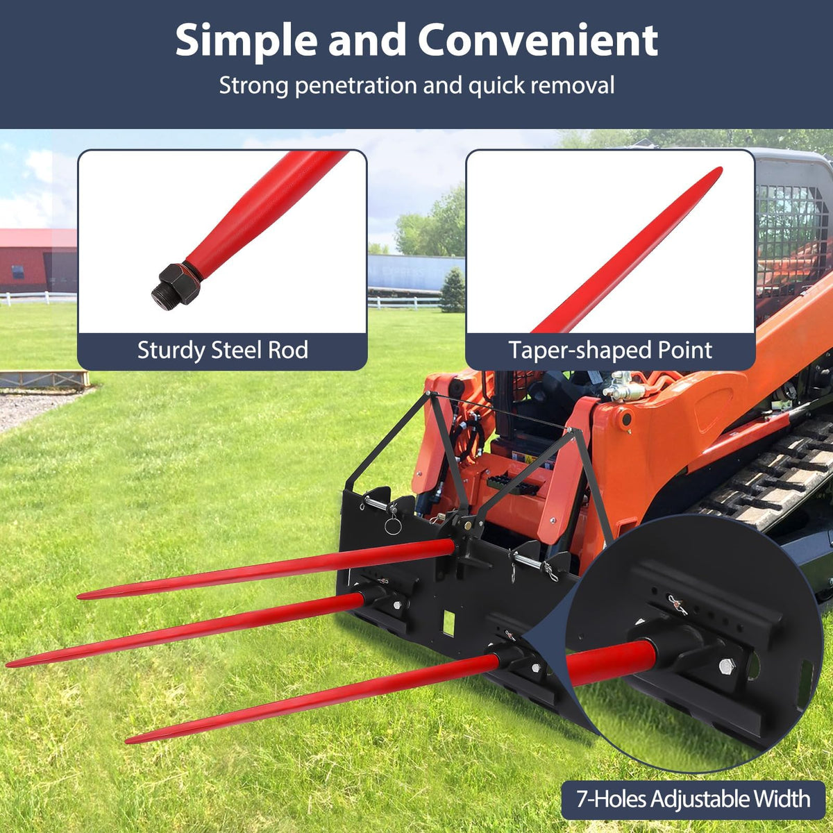 Garvee Hay Spear 49 3Pcs Bale Spear with Short Slide, Quick Attach Square Hay Bale Spears 3600 lbs Capacity, Bale Hay Spike for Kubota Bobcat Buckets Tractors Loaders (Not Include Skid Steer Mount Plate)