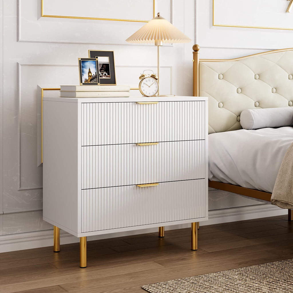 Garvee White 3 Drawer Dresser for Bedroom, Wood Dresser with Metal Legs, 30” Tall Dresser Organizer, Modern Chest of Drawers, Large Dresser for Closet, Living Room, Hallway