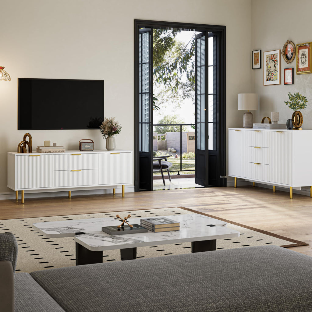 Garvee White TV Stand for 65+ Inch TV, Modern Living Room Entertainment Center with Storage Cabinets, Waveform Panel Wood TV Cabinets with 2 Doors and Drawers, White TV Console for Bedroom
