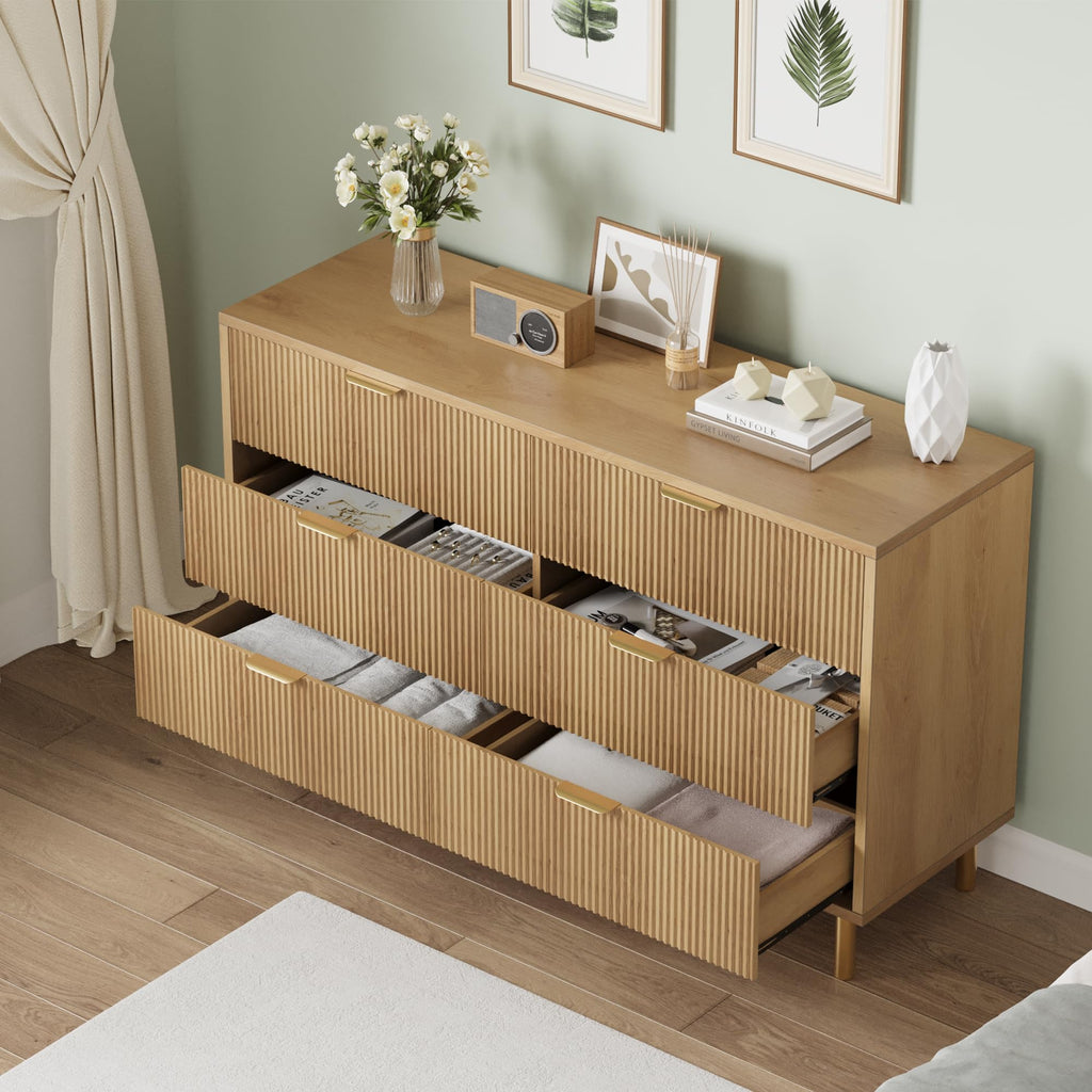 Garvee Natural Dresser, Modern 6 Drawer Dresser for Bedroom with Gold Handle and Large Drawer, Wood Double Chest of Drawers and Storage Organizer for Living Room, Hallway, Entryway