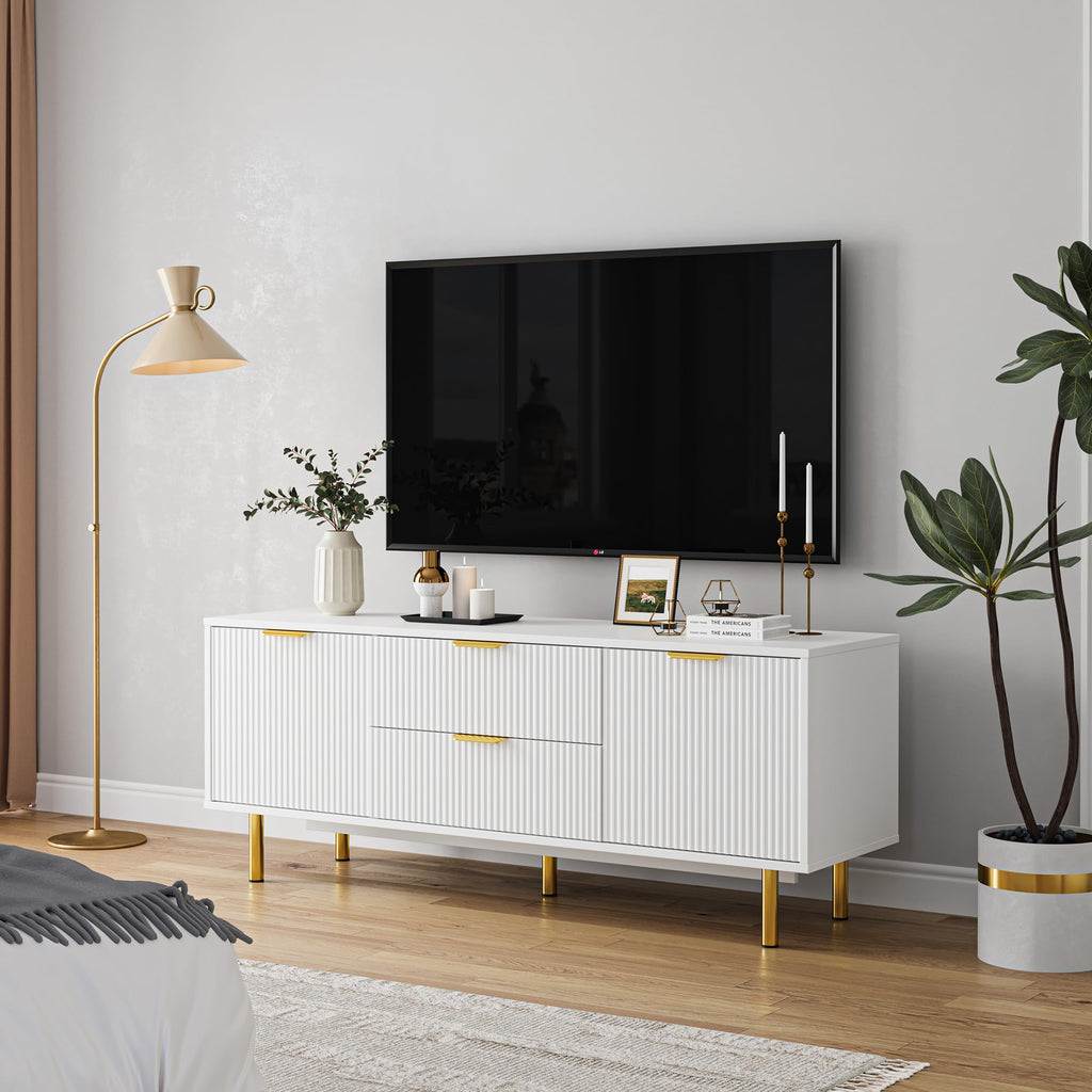 Garvee White TV Stand for 65+ Inch TV, Modern Living Room Entertainment Center with Storage Cabinets, Waveform Panel Wood TV Cabinets with 2 Doors and Drawers, White TV Console for Bedroom