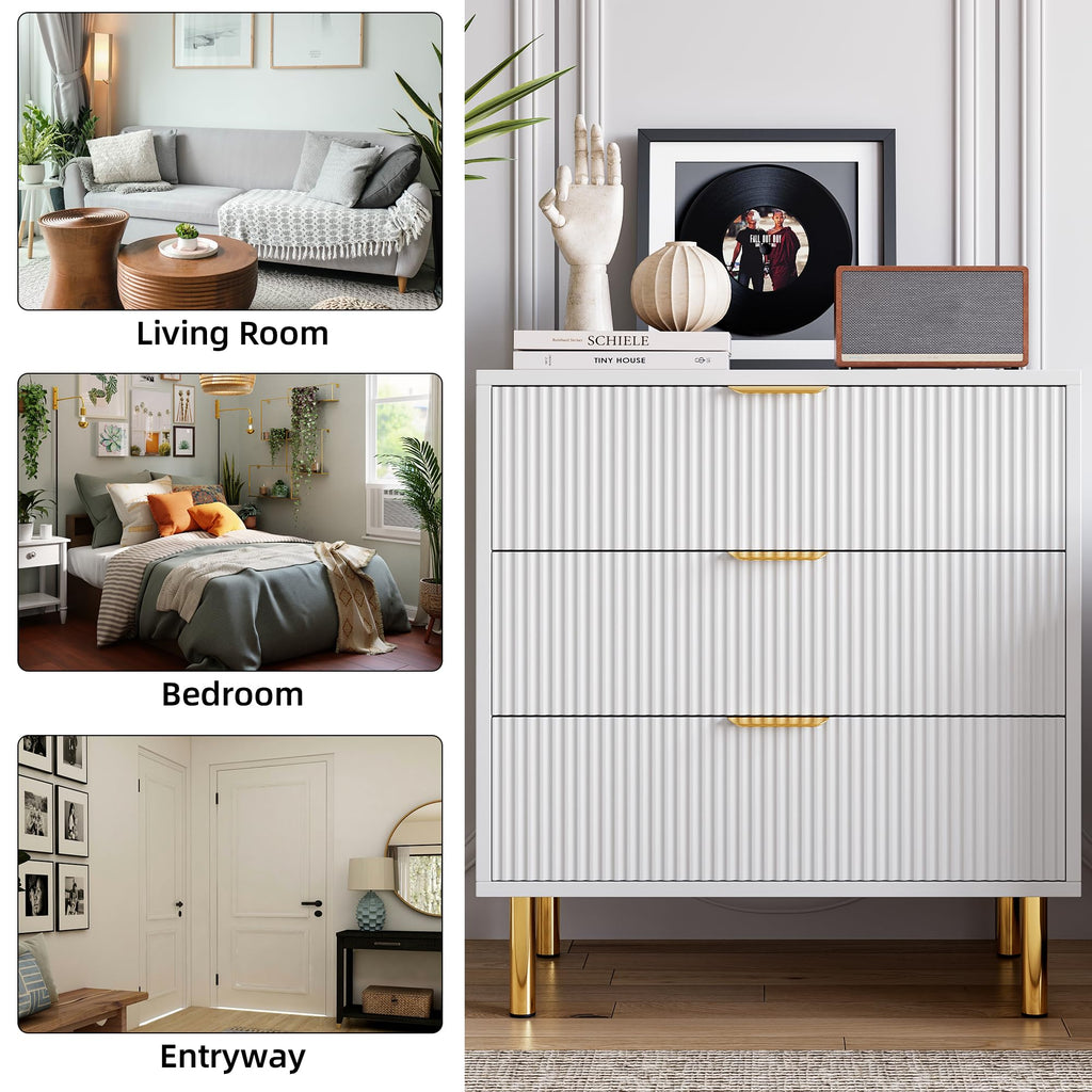 Garvee White 3 Drawer Dresser for Bedroom, Wood Dresser with Metal Legs, 30” Tall Dresser Organizer, Modern Chest of Drawers, Large Dresser for Closet, Living Room, Hallway