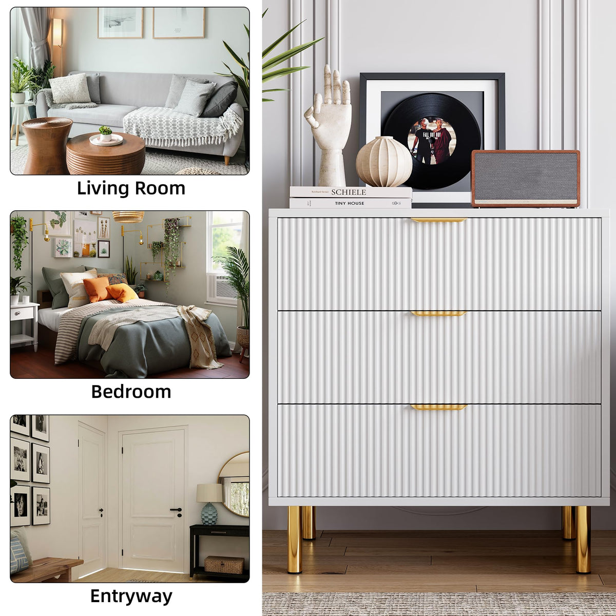 Garvee White 3 Drawer Dresser for Bedroom, Wood Dresser with Metal Legs, 30” Tall Dresser Organizer, Modern Chest of Drawers, Large Dresser for Closet, Living Room, Hallway