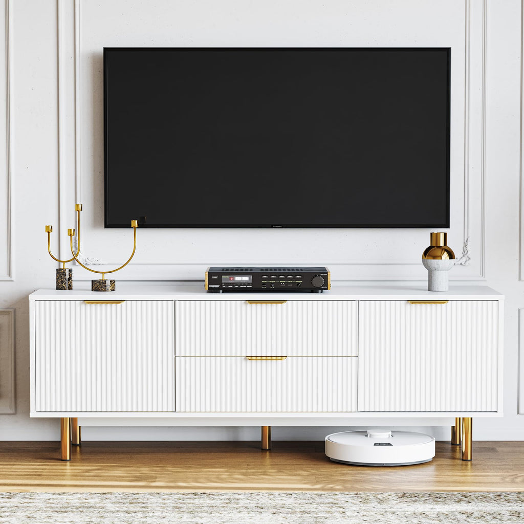 Garvee White TV Stand for 65+ Inch TV, Modern Living Room Entertainment Center with Storage Cabinets, Waveform Panel Wood TV Cabinets with 2 Doors and Drawers, White TV Console for Bedroom
