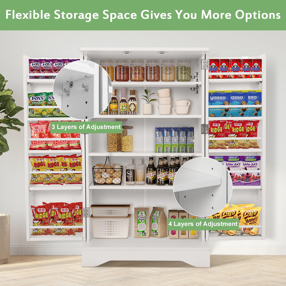 Garvee 42 Kitchen Pantry Cabinet with Doors, Adjustable Shelves, Wooden Storage, Compact White Buffet for Small Space