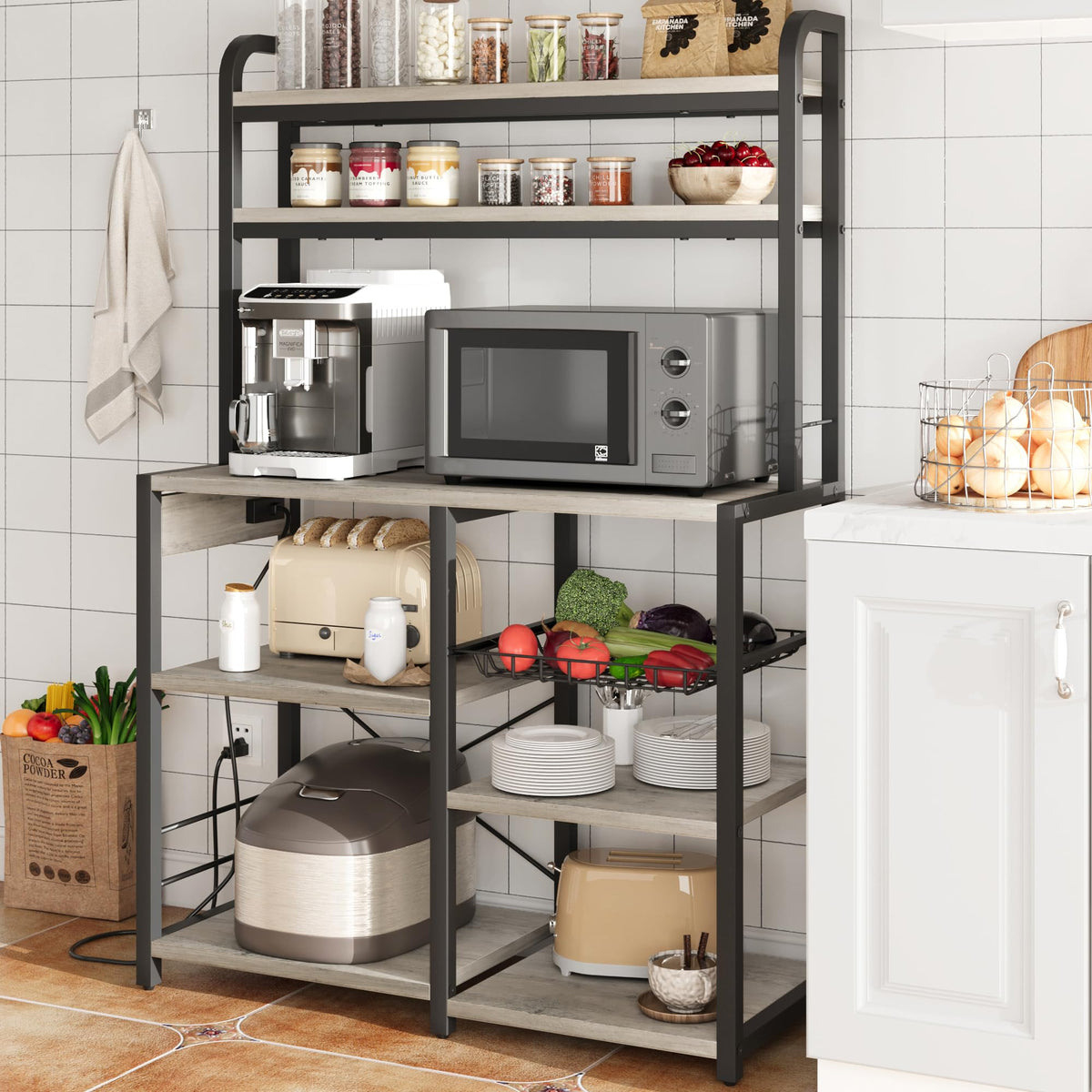 Garvee Bakers Rack with Power Outlet, Coffee Bar with Wire Drawer, Microwave Stand, Kitchen Buffet Table with Large Storage, 6-Tier Kitchen Storage Rack with Hutch for Dining, Living Room, Grey
