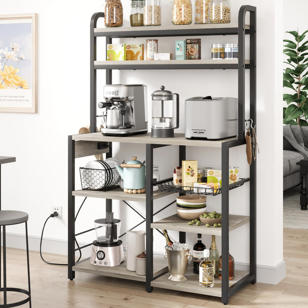 Garvee Bakers Rack with Power Outlet, Coffee Bar with Wire Drawer, Microwave Stand, Kitchen Buffet Table with Large Storage, 6-Tier Kitchen Storage Rack with Hutch for Dining, Living Room, Grey