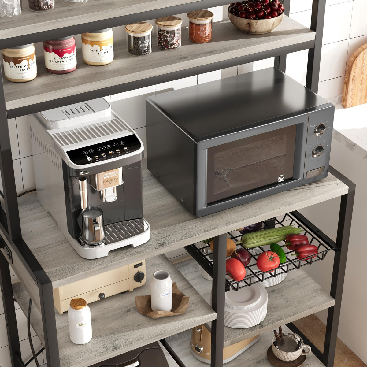 Garvee Bakers Rack with Power Outlet, Coffee Bar with Wire Drawer, Microwave Stand, Kitchen Buffet Table with Large Storage, 6-Tier Kitchen Storage Rack with Hutch for Dining, Living Room, Grey