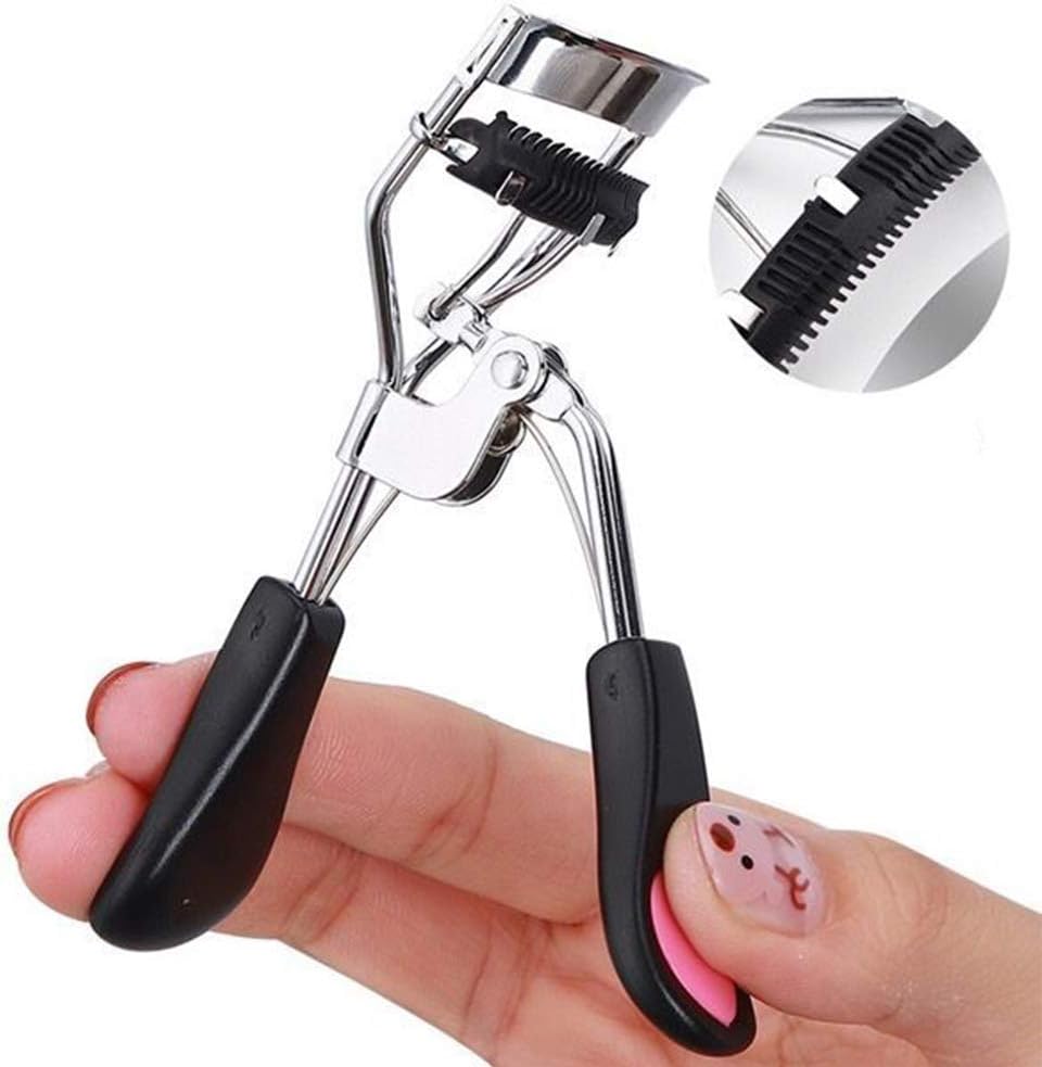 Professional eyelash curler with built-in comb and replacement silicone pads