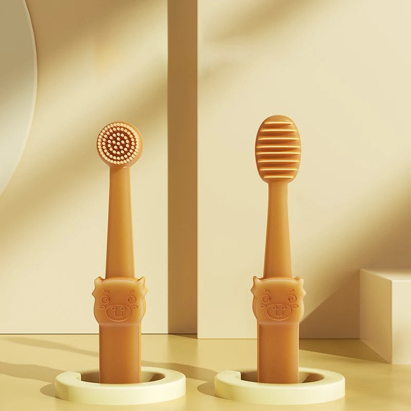 Pet dental care toothbrush stored upright in a compact cup