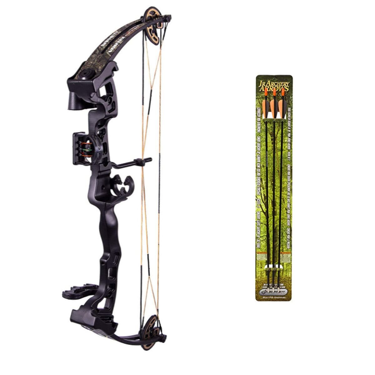 BAR1109MO+19007 BARNETT Vortex Lite Compound Junior Bow Package with Three 28 Fiberglass Arrows and Quiver